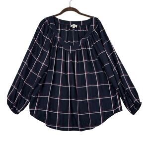 Loft Blouse Top Size L Navy Blue White Pink Plaid Popover Peasant Viscose